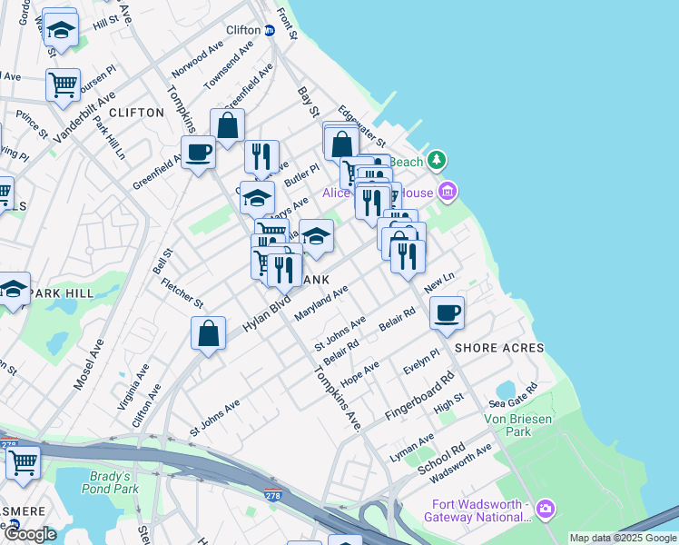 map of restaurants, bars, coffee shops, grocery stores, and more near 192 Hylan Boulevard in Staten Island