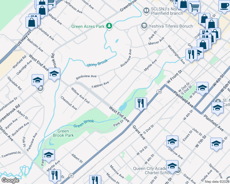 map of restaurants, bars, coffee shops, grocery stores, and more near 109 Willow Avenue in North Plainfield