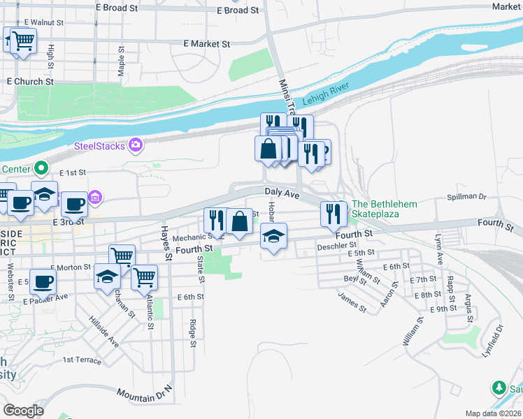 map of restaurants, bars, coffee shops, grocery stores, and more near 300 Hobart Street in Bethlehem