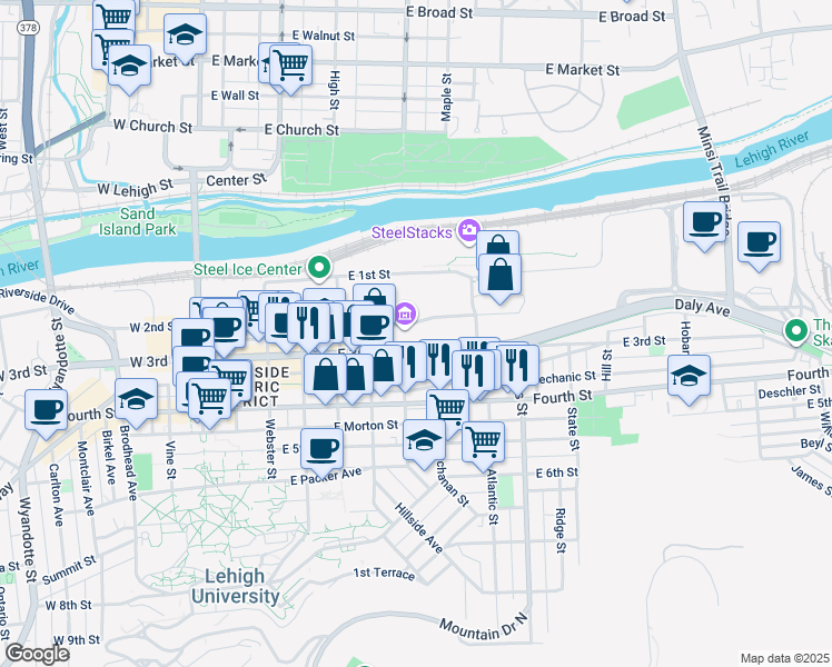 map of restaurants, bars, coffee shops, grocery stores, and more near 602 East 2nd Street in Bethlehem