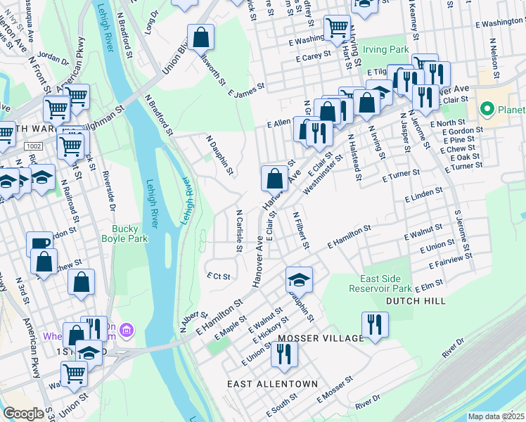 map of restaurants, bars, coffee shops, grocery stores, and more near 326 East Turner Street in Allentown