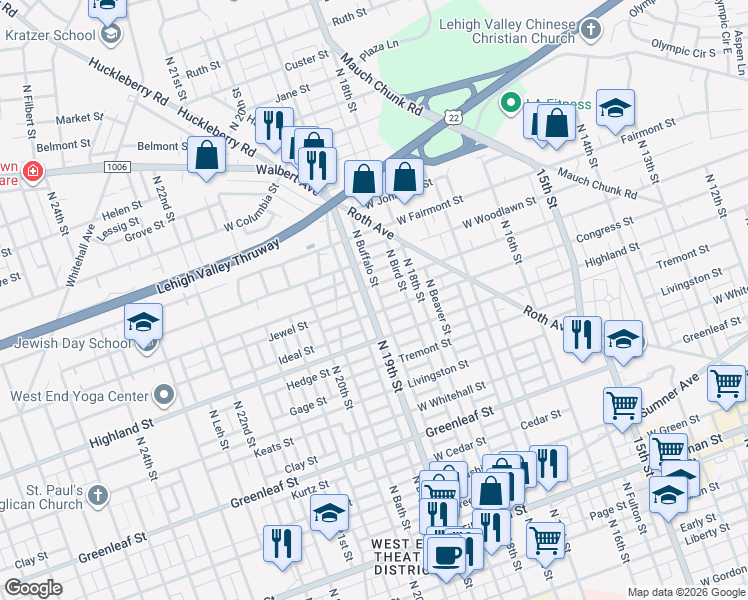 map of restaurants, bars, coffee shops, grocery stores, and more near 1131 North 19th Street in Allentown