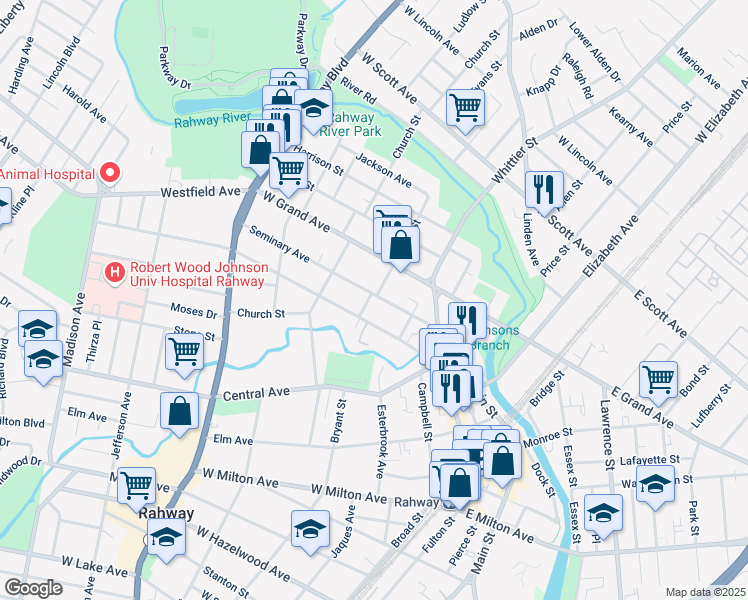 map of restaurants, bars, coffee shops, grocery stores, and more near 1611 Oliver Street in Rahway