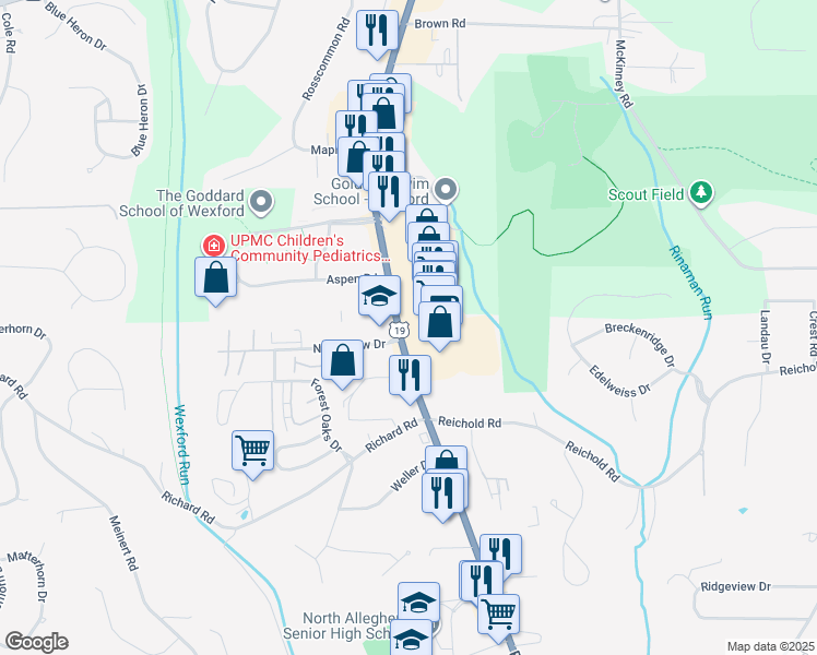 map of restaurants, bars, coffee shops, grocery stores, and more near 10594 Perry Highway in Wexford