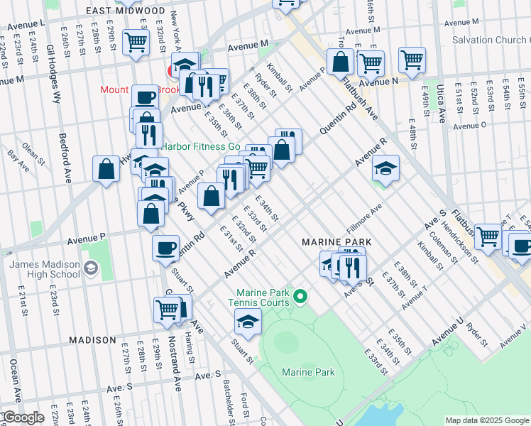 map of restaurants, bars, coffee shops, grocery stores, and more near 1768 East 34th Street in Brooklyn