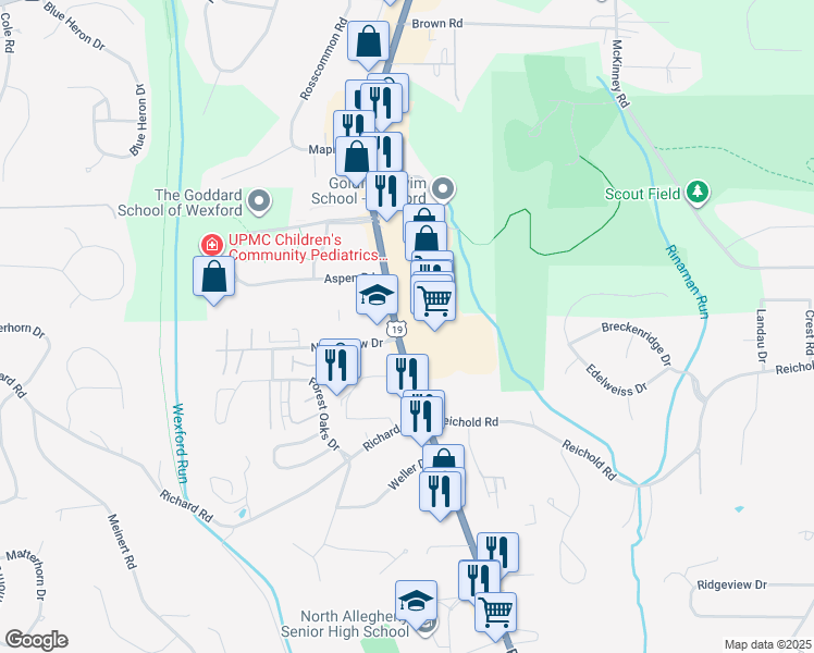 map of restaurants, bars, coffee shops, grocery stores, and more near 10594 Perry Highway in Wexford