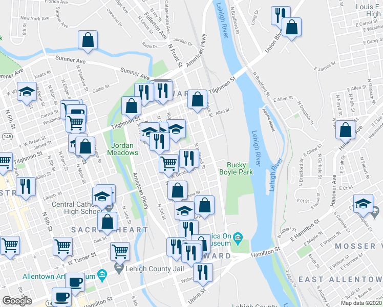 map of restaurants, bars, coffee shops, grocery stores, and more near 469 Limestone Street in Allentown