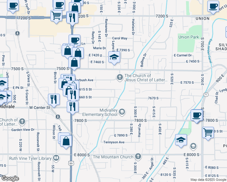 map of restaurants, bars, coffee shops, grocery stores, and more near 218 East 7615 South Street in Midvale