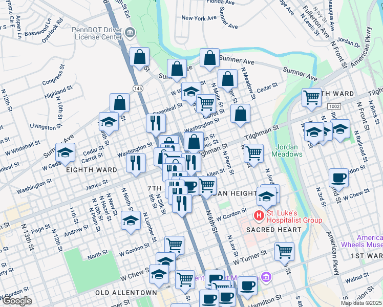 map of restaurants, bars, coffee shops, grocery stores, and more near 707 North 6th Street in Allentown
