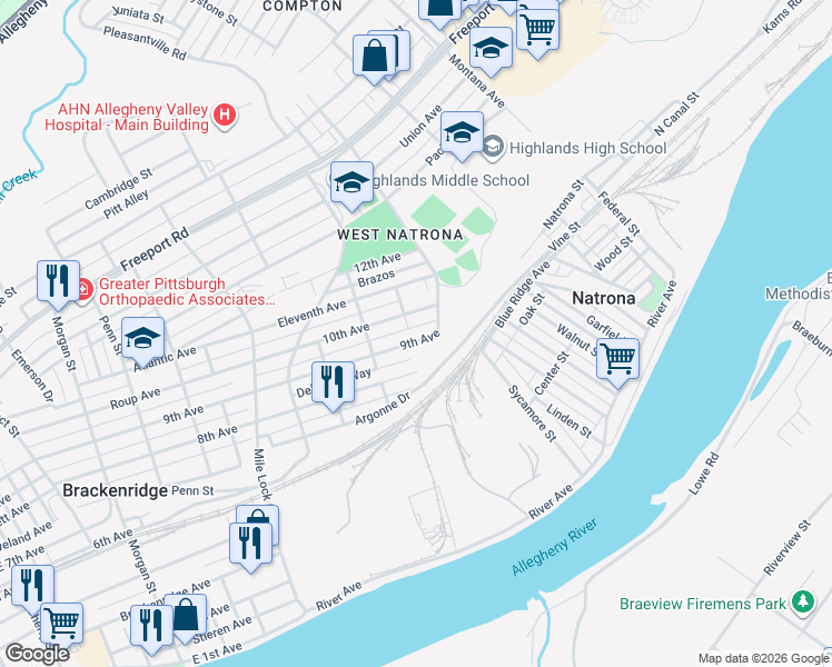 map of restaurants, bars, coffee shops, grocery stores, and more near 1339 9th Avenue in Natrona Heights