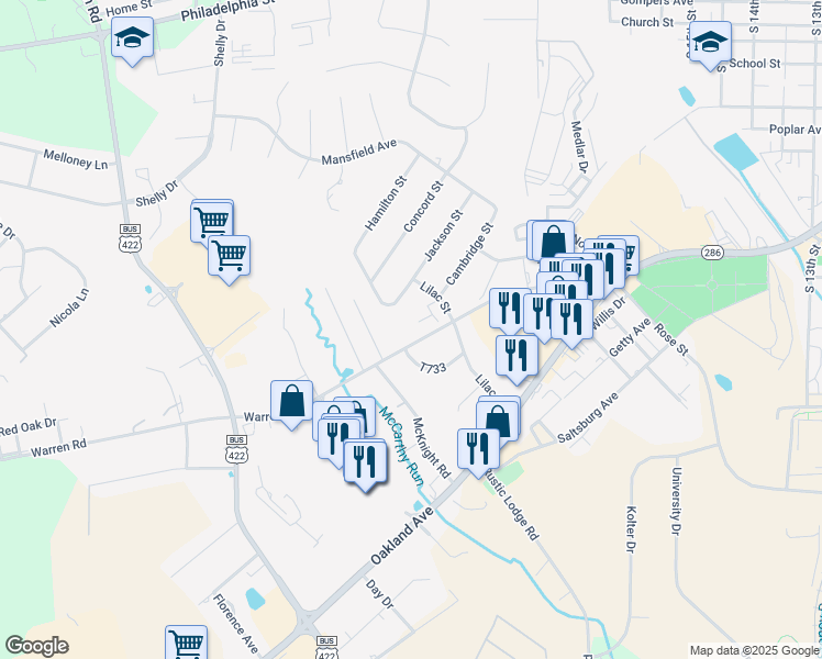 map of restaurants, bars, coffee shops, grocery stores, and more near Georgetown Village in Indiana County