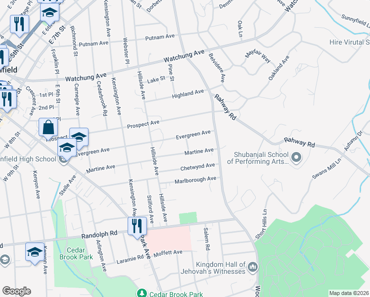 map of restaurants, bars, coffee shops, grocery stores, and more near 1357-61 Martine Avenue in Plainfield