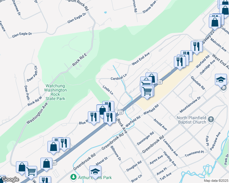 map of restaurants, bars, coffee shops, grocery stores, and more near 6 Linda Lane in Green Brook Township