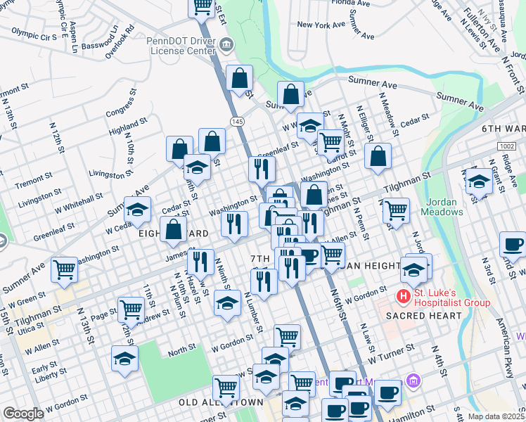 map of restaurants, bars, coffee shops, grocery stores, and more near 730 North 7th Street in Allentown