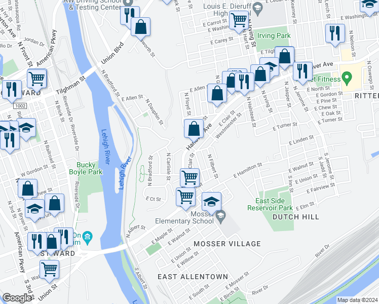 map of restaurants, bars, coffee shops, grocery stores, and more near 326 East Turner Street in Allentown