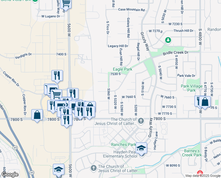 map of restaurants, bars, coffee shops, grocery stores, and more near 5356 Bridle Creek Drive in West Jordan