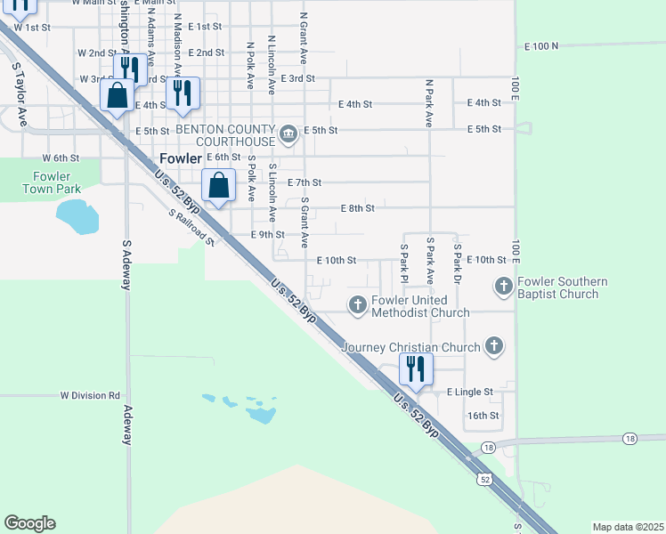 map of restaurants, bars, coffee shops, grocery stores, and more near 900 East 10th Street in Fowler