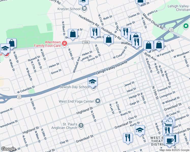 map of restaurants, bars, coffee shops, grocery stores, and more near 1309 North 23rd Street in Allentown