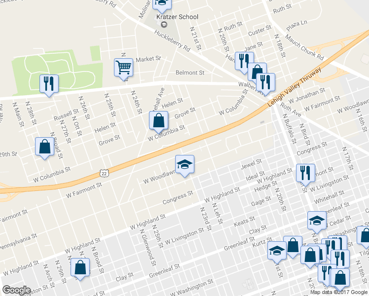 map of restaurants, bars, coffee shops, grocery stores, and more near 1309 North 23rd Street in Allentown