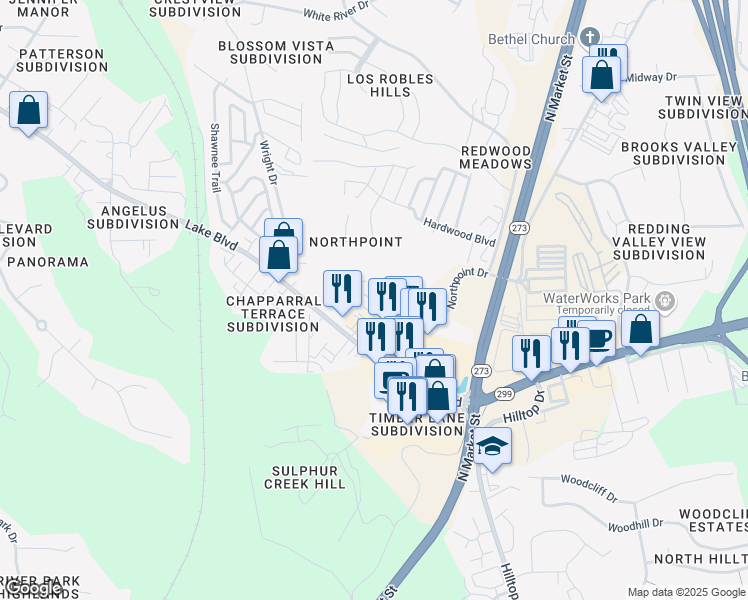 map of restaurants, bars, coffee shops, grocery stores, and more near 4233 Baywood Drive in Redding