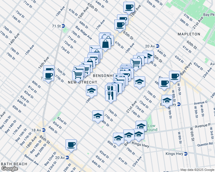 map of restaurants, bars, coffee shops, grocery stores, and more near 1938 73rd Street in Brooklyn