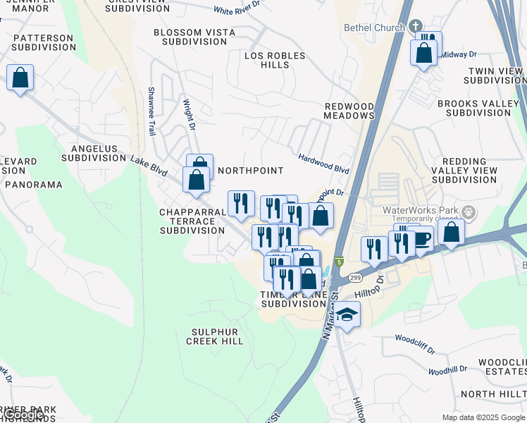 map of restaurants, bars, coffee shops, grocery stores, and more near 4253 Baywood Drive in Redding