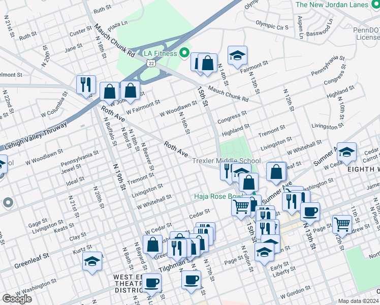 map of restaurants, bars, coffee shops, grocery stores, and more near 1620 West Highland Street in Allentown