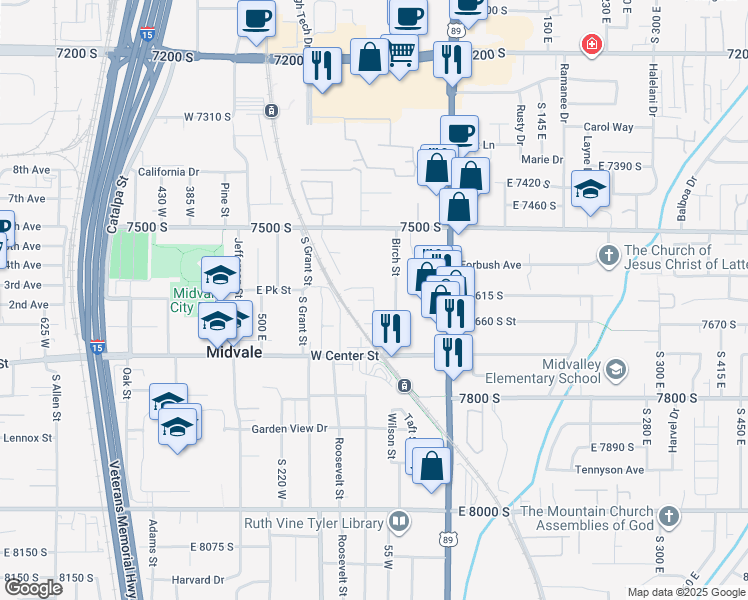 map of restaurants, bars, coffee shops, grocery stores, and more near 85 West in Midvale