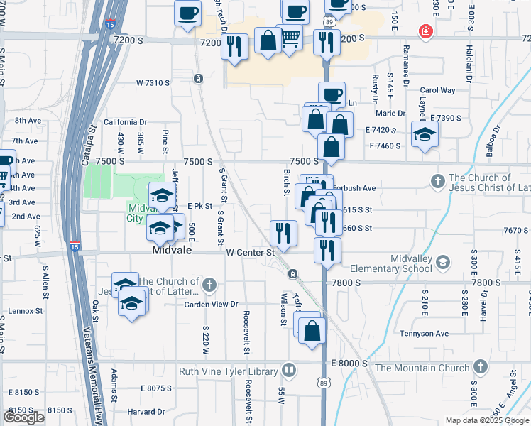 map of restaurants, bars, coffee shops, grocery stores, and more near 7646 85 West in Midvale