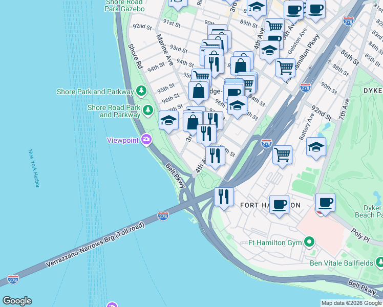 map of restaurants, bars, coffee shops, grocery stores, and more near 320 101st Street in Brooklyn