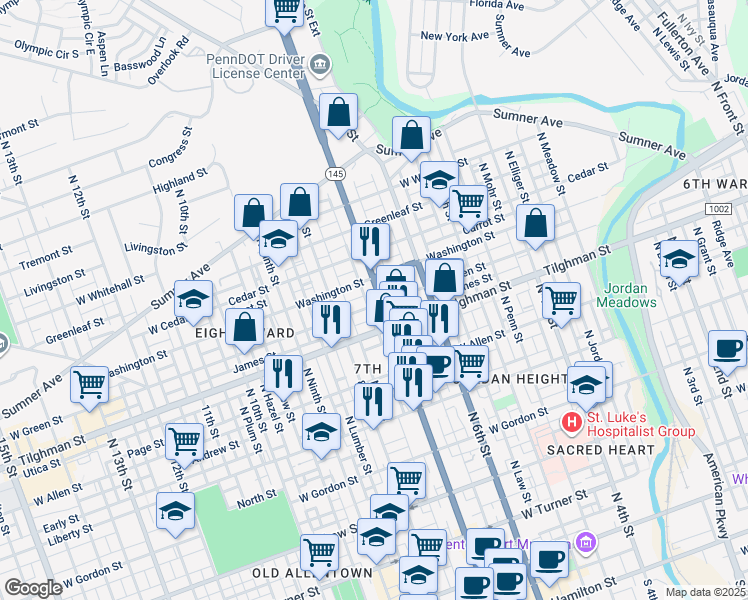 map of restaurants, bars, coffee shops, grocery stores, and more near 730 North 7th Street in Allentown