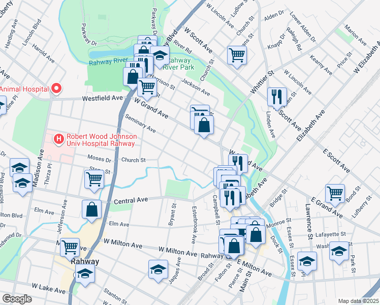 map of restaurants, bars, coffee shops, grocery stores, and more near 1593 Oliver Street in Rahway