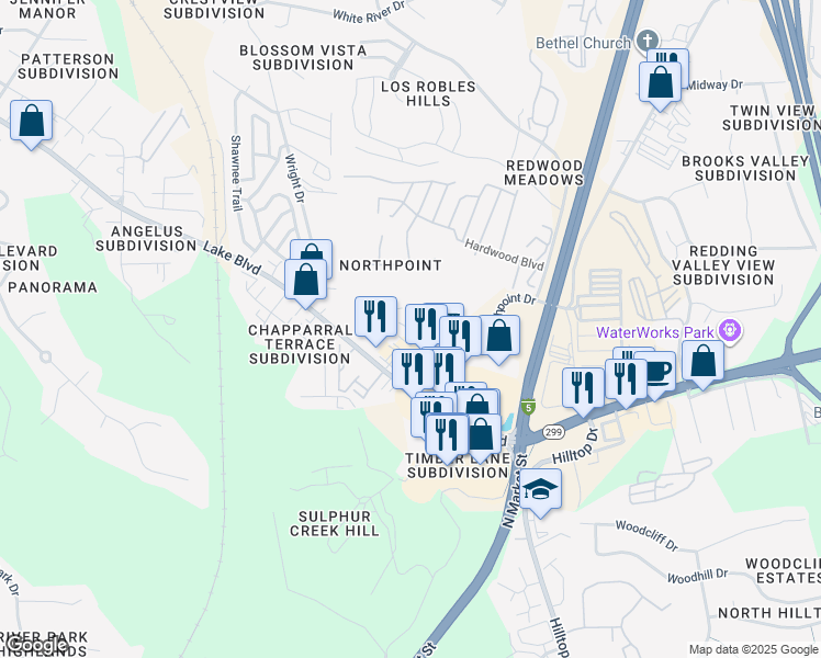 map of restaurants, bars, coffee shops, grocery stores, and more near 4262 Baywood Drive in Redding