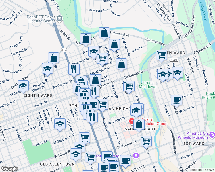 map of restaurants, bars, coffee shops, grocery stores, and more near 460 West Tilghman Street in Allentown