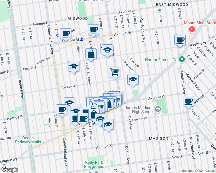 map of restaurants, bars, coffee shops, grocery stores, and more near 1530 East 19th Street in Brooklyn