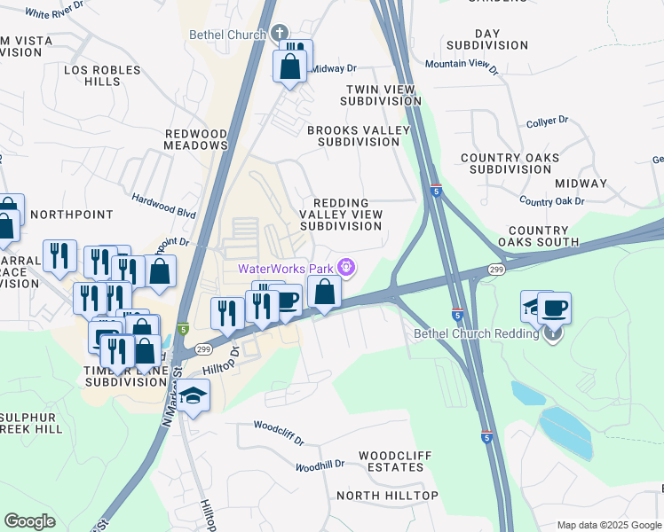 map of restaurants, bars, coffee shops, grocery stores, and more near 151 North Boulder Drive in Redding