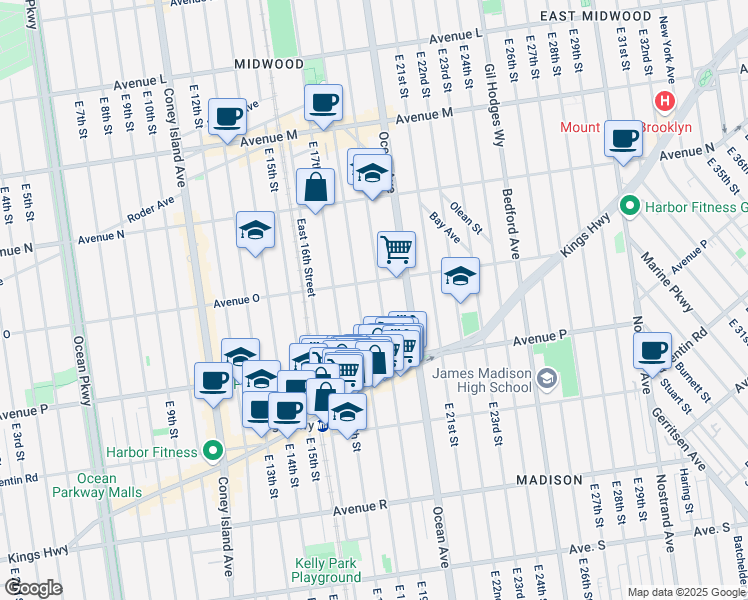 map of restaurants, bars, coffee shops, grocery stores, and more near 1530 East 19th Street in Brooklyn