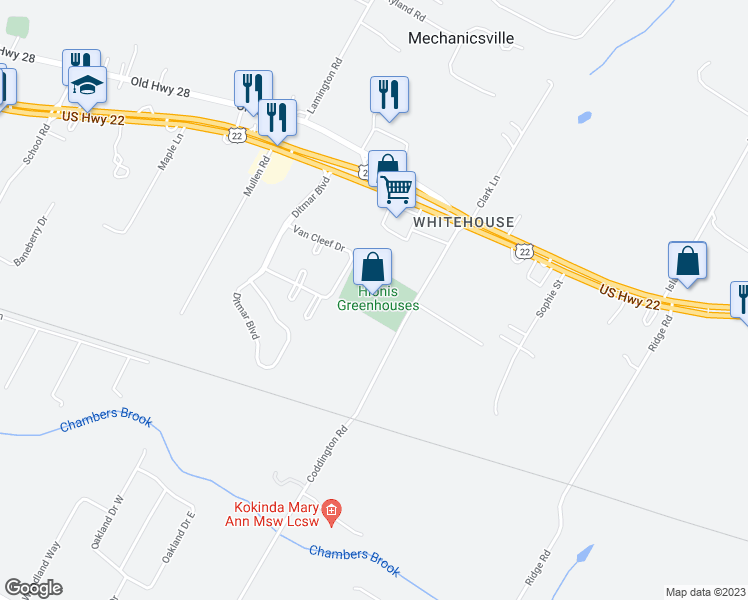 map of restaurants, bars, coffee shops, grocery stores, and more near 4 Coddington Road in Readington Township