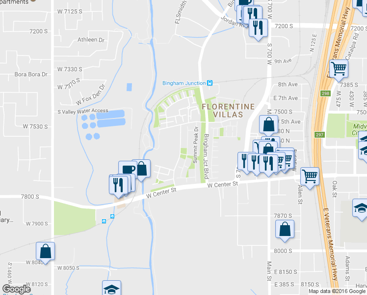 map of restaurants, bars, coffee shops, grocery stores, and more near 7596 Euro Drive in Midvale