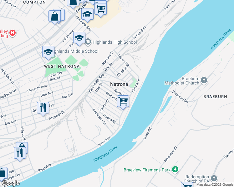 map of restaurants, bars, coffee shops, grocery stores, and more near 22 Garfield Street in Natrona Heights