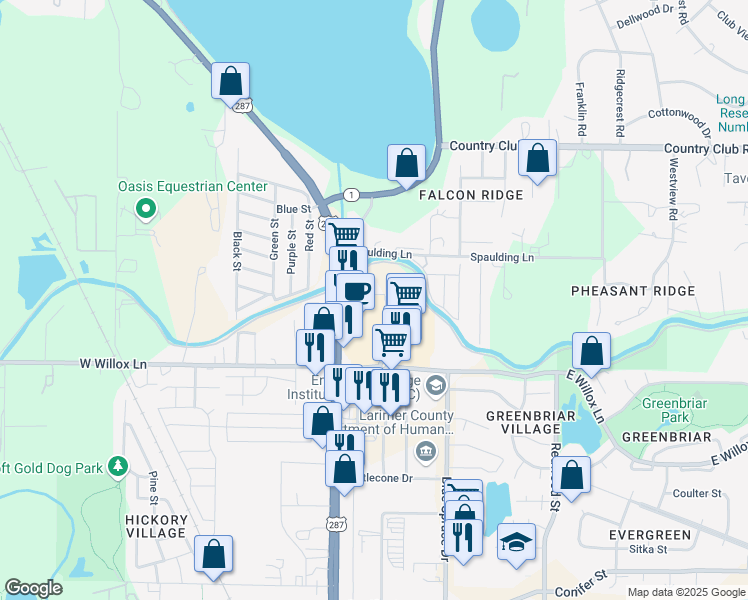 map of restaurants, bars, coffee shops, grocery stores, and more near 1880 North College Avenue in Fort Collins