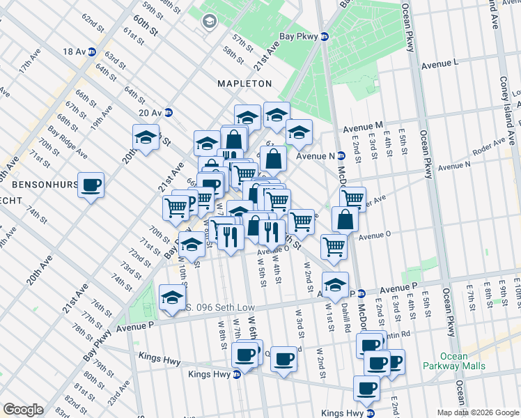 map of restaurants, bars, coffee shops, grocery stores, and more near 2283 65th Street in Brooklyn