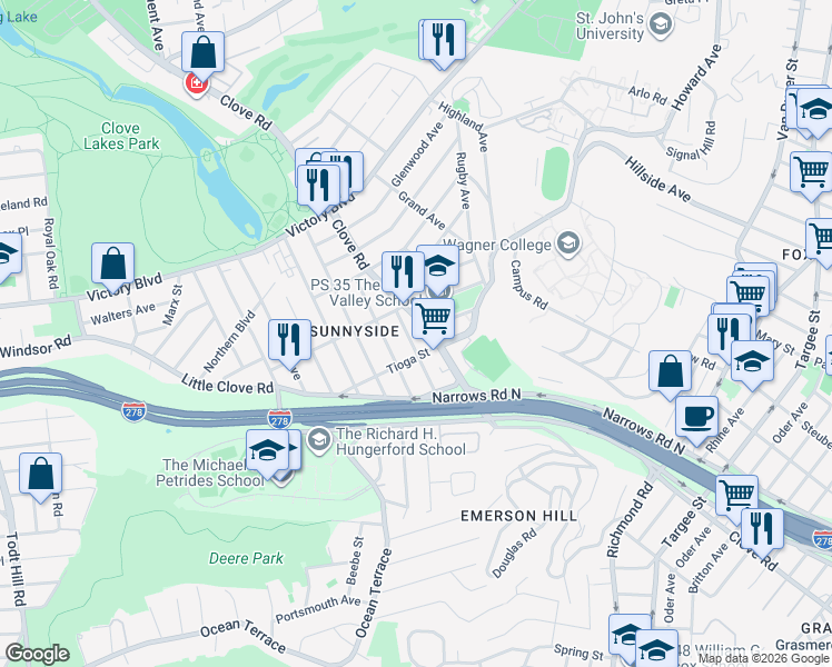 map of restaurants, bars, coffee shops, grocery stores, and more near 15 Tioga Street in Staten Island