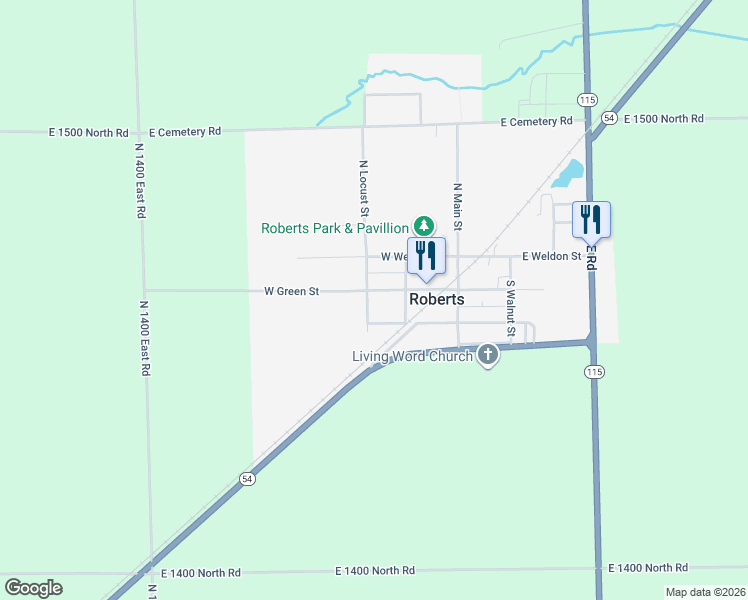 map of restaurants, bars, coffee shops, grocery stores, and more near 105 South Locust Street in Roberts