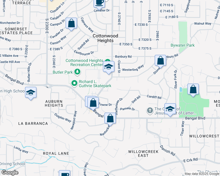 map of restaurants, bars, coffee shops, grocery stores, and more near 2673 Toni Circle in Cottonwood Heights