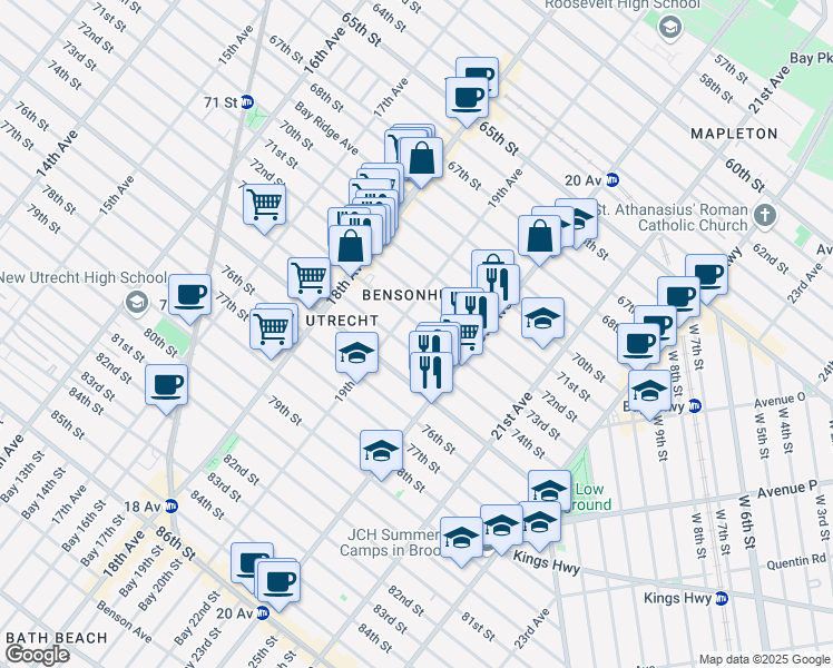 map of restaurants, bars, coffee shops, grocery stores, and more near 1938 73rd Street in Brooklyn