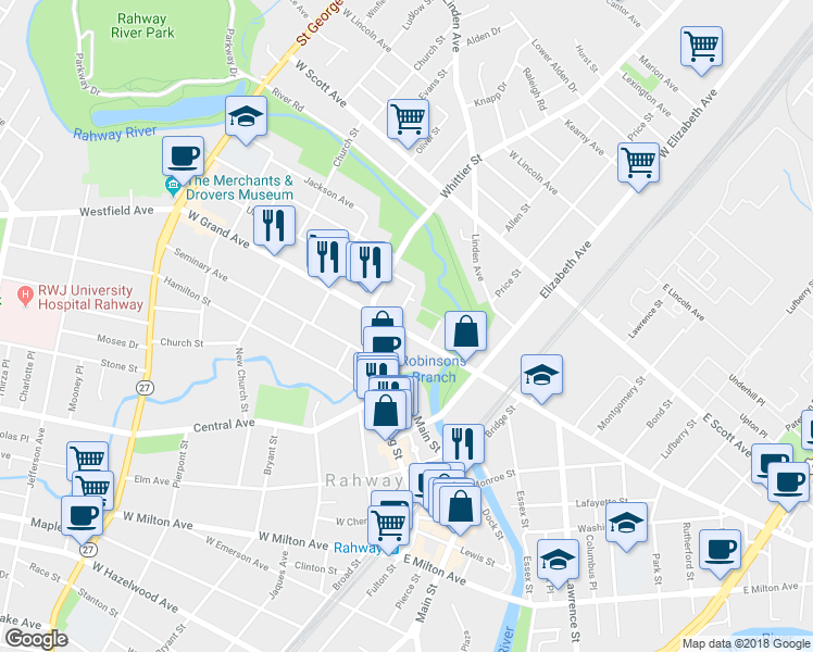 map of restaurants, bars, coffee shops, grocery stores, and more near 261 West Grand Avenue in Rahway