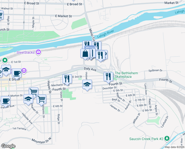 map of restaurants, bars, coffee shops, grocery stores, and more near 1232 East 3rd Street in Bethlehem