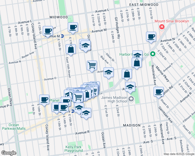map of restaurants, bars, coffee shops, grocery stores, and more near 2011 Ocean Avenue in Brooklyn