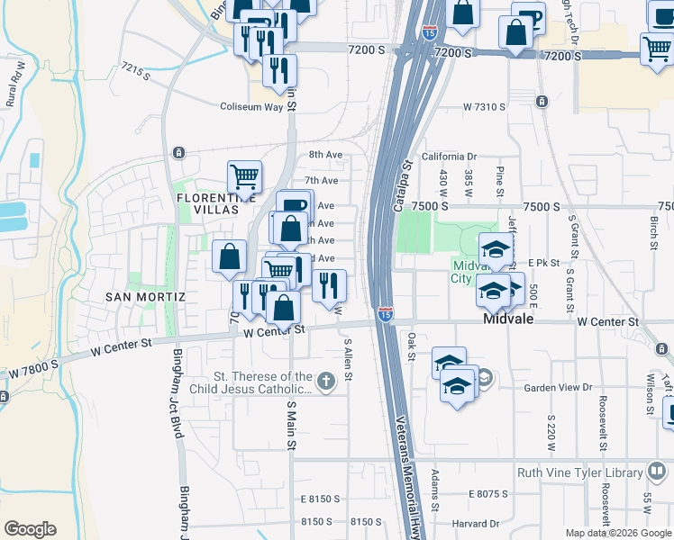 map of restaurants, bars, coffee shops, grocery stores, and more near 597 2nd Avenue in Midvale